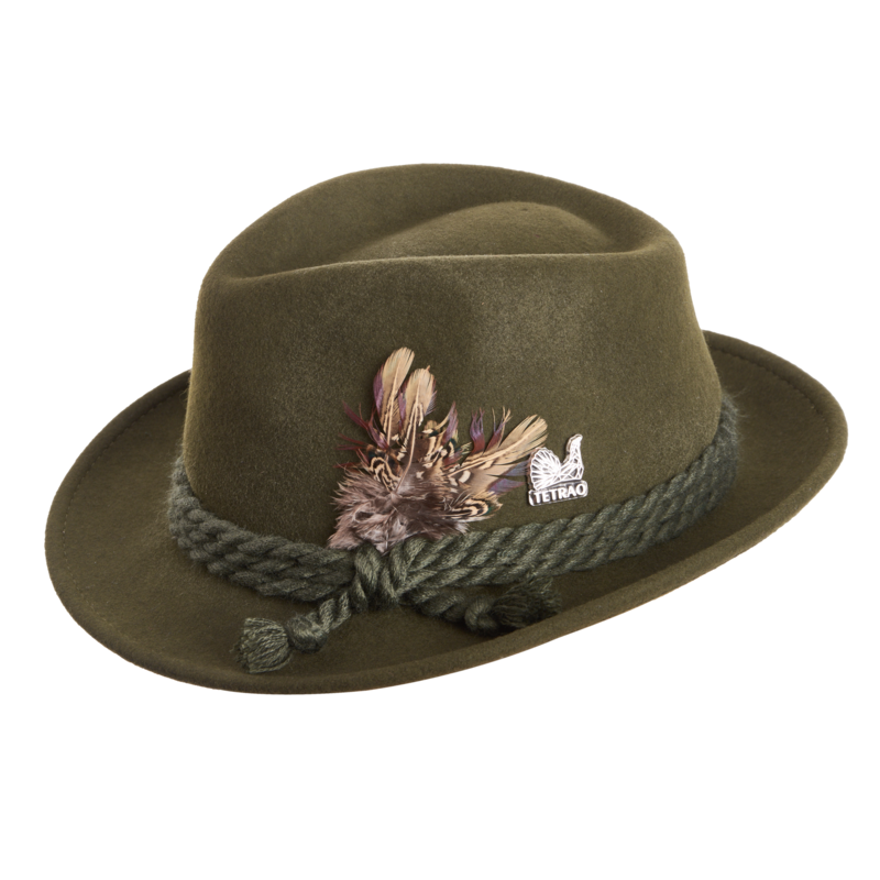 Zelený klobúk TETRAO tri šnúrky a pierko 56
